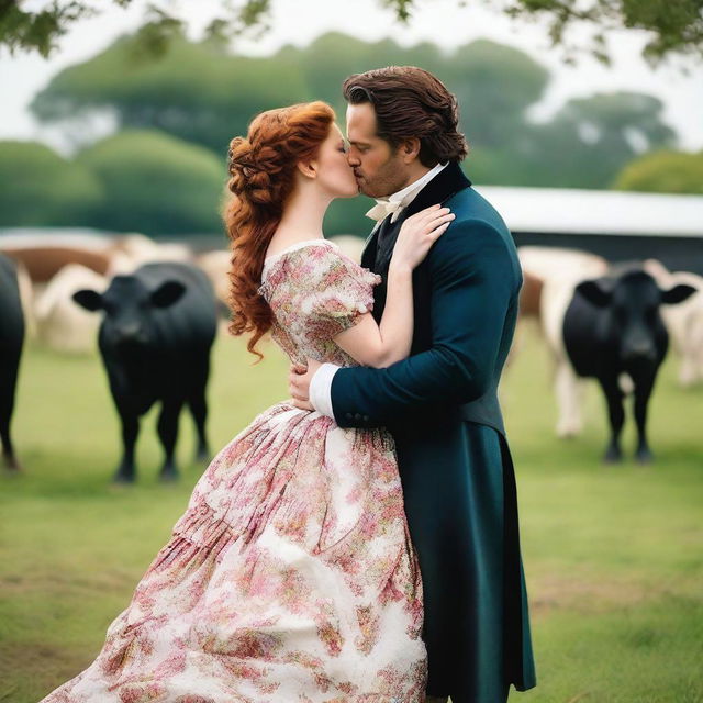 A fashionable woman with auburn hair wearing a colorful 1885 Victorian bustle dress stands on a dairy farm, kissing Henry Cavill