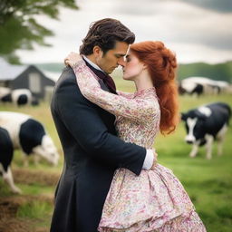 A fashionable woman with auburn hair wearing a colorful 1885 Victorian bustle dress stands on a dairy farm, kissing Henry Cavill