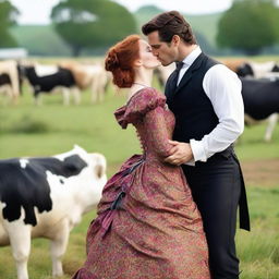 A fashionable woman with auburn hair wearing a colorful 1885 Victorian bustle dress stands on a dairy farm, kissing Henry Cavill