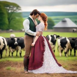 A fashionable woman with auburn hair wearing a colorful 1885 Victorian bustle dress stands on a dairy farm, kissing Henry Cavill