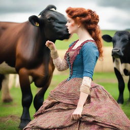 A colorful and fashionable 1885 Victorian bustle dress-wearing woman with auburn hair is standing on a dairy farm