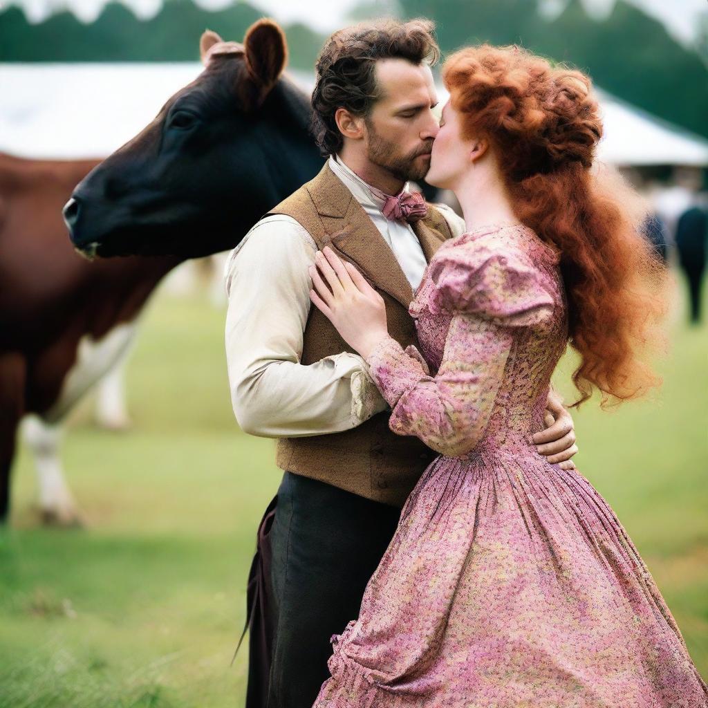 A colorful and fashionable woman from 1885 wearing a Victorian bustle dress with auburn hair is standing on a dairy farm