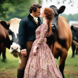 A colorful and fashionable woman from 1885 wearing a Victorian bustle dress with auburn hair is standing on a dairy farm