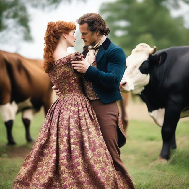 A colorful and fashionable woman from 1885 wearing a Victorian bustle dress with auburn hair is standing on a dairy farm