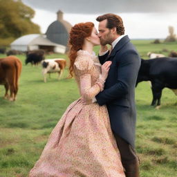 A colorful and fashionable 1885 Victorian bustle dress worn by a woman with auburn hair standing on a dairy farm