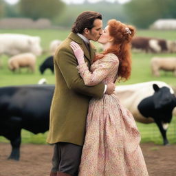 A colorful and fashionable 1885 Victorian bustle dress worn by a woman with auburn hair standing on a dairy farm