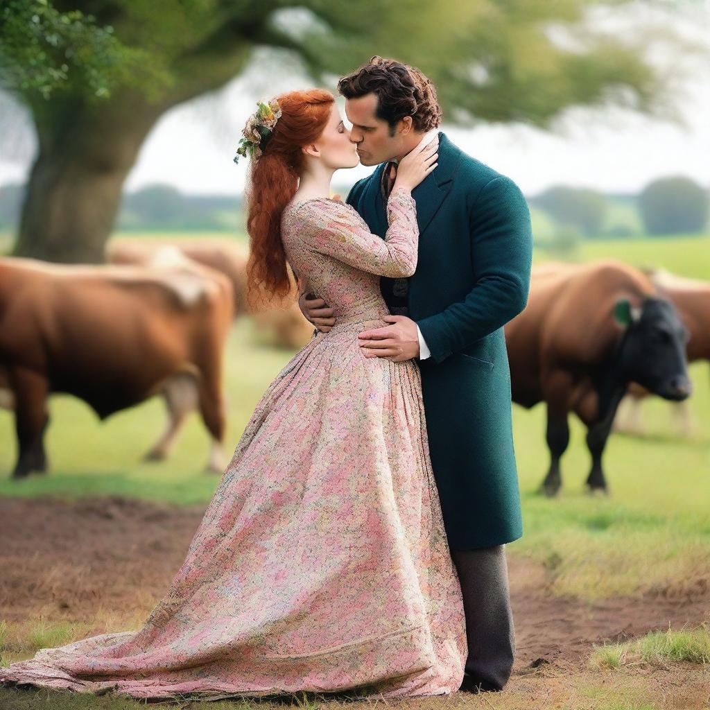 A colorful and fashionable 1885 Victorian bustle dress worn by a woman with auburn hair standing on a dairy farm