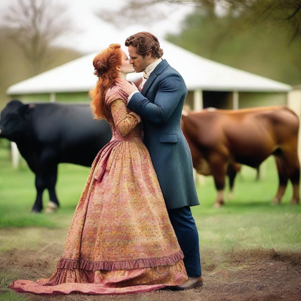 A colorful and fashionable 1885 Victorian bustle dress worn by a woman with auburn hair standing on a dairy farm