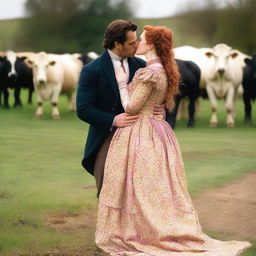 A colorful and fashionable 1885 Victorian bustle dress worn by a woman with auburn hair standing on a dairy farm