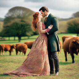 A colorful and fashionable 1885 Victorian bustle dress worn by a woman with auburn hair standing on a dairy farm