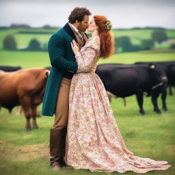 A colorful and fashionable 1885 Victorian bustle dress worn by a woman with auburn hair standing on a dairy farm