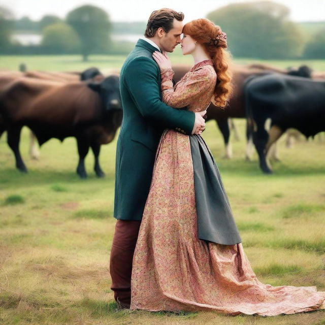 A colorful and fashionable 1885 Victorian bustle dress worn by a woman with auburn hair standing on a dairy farm