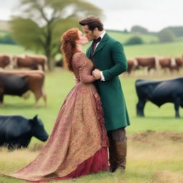 A colorful and fashionable 1885 Victorian bustle dress worn by a woman with auburn hair standing on a dairy farm