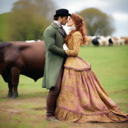 A colorful and fashionable 1885 Victorian bustle dress worn by a woman with auburn hair standing on a dairy farm