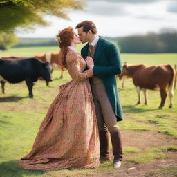 A colorful and fashionable 1885 Victorian bustle dress worn by a woman with auburn hair standing on a dairy farm