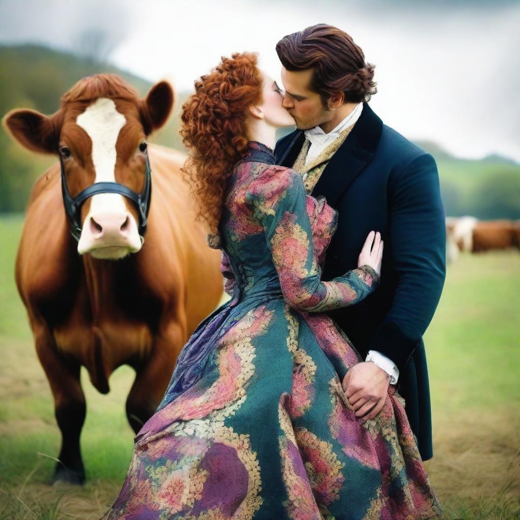 A colorful and fashionable 1885 Victorian bustle dress-wearing woman with auburn hair is on a dairy farm