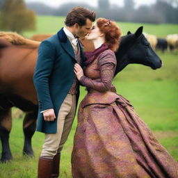 A colorful and fashionable 1885 Victorian bustle dress-wearing woman with auburn hair is on a dairy farm