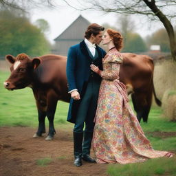 A colorful and fashionable 1885 Victorian bustle dress-wearing woman with auburn hair is on a dairy farm