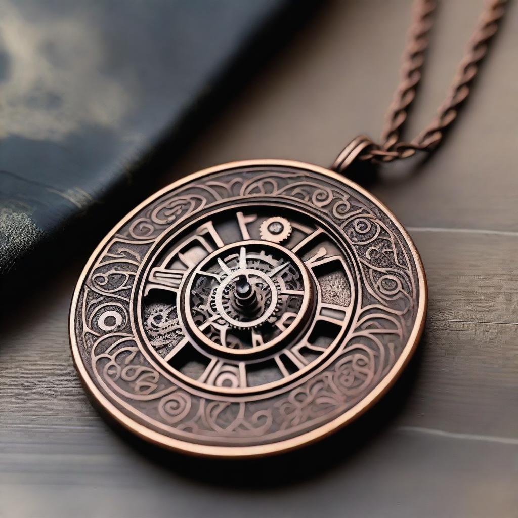 A detailed copper amulet adorned with tiny gears and intricate clockwork, set against a medieval backdrop