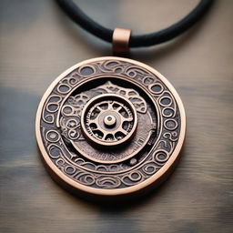 A detailed copper amulet adorned with tiny gears and intricate clockwork, set against a medieval backdrop