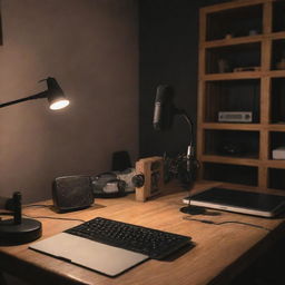 A podcast recording setup with high-quality microphones, headphones, sound mixer, and a cozy environment with dimmed lights, vintage decor, and a wooden desk.