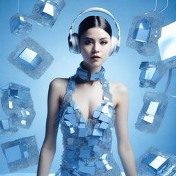 A sexy woman wearing an ice blue and metallic dress, assembled from plastic pieces