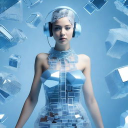 A sexy woman wearing an ice blue and metallic dress, assembled from plastic pieces