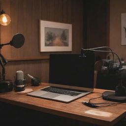 A podcast recording setup with high-quality microphones, headphones, sound mixer, and a cozy environment with dimmed lights, vintage decor, and a wooden desk.