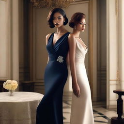 A tasteful and elegant depiction of beautiful women in a sophisticated setting, emphasizing grace and style