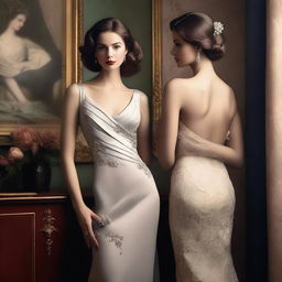 A tasteful and elegant depiction of beautiful women in a sophisticated setting, emphasizing grace and style