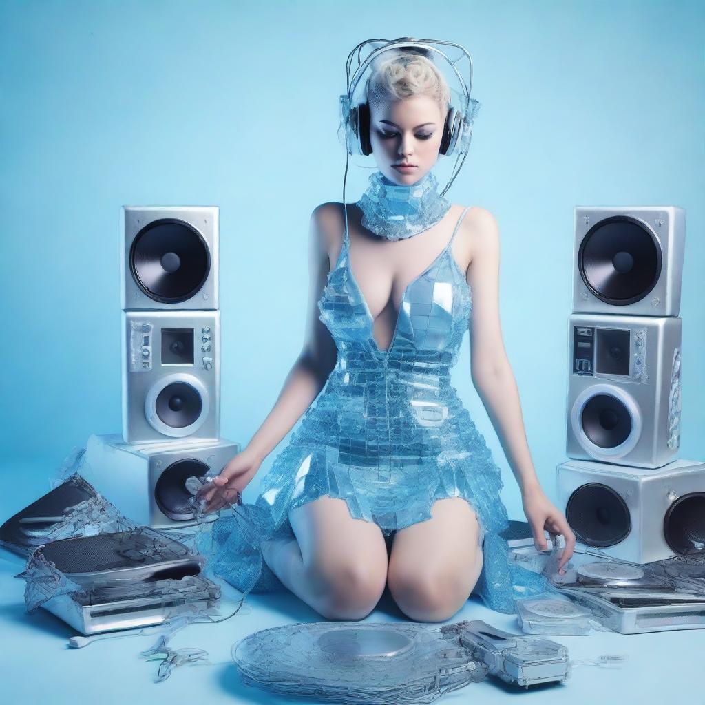 A sexy woman wearing an ice blue and metallic erotic dress, assembled from plastic pieces