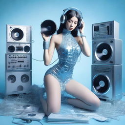 A sexy woman wearing an ice blue and metallic erotic dress, assembled from plastic pieces