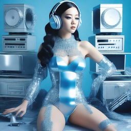 A sexy woman wearing an ice blue and metallic erotic dress, assembled from plastic pieces