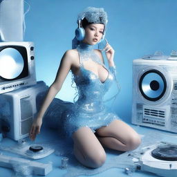 A sexy woman wearing an ice blue and metallic erotic dress, assembled from plastic pieces