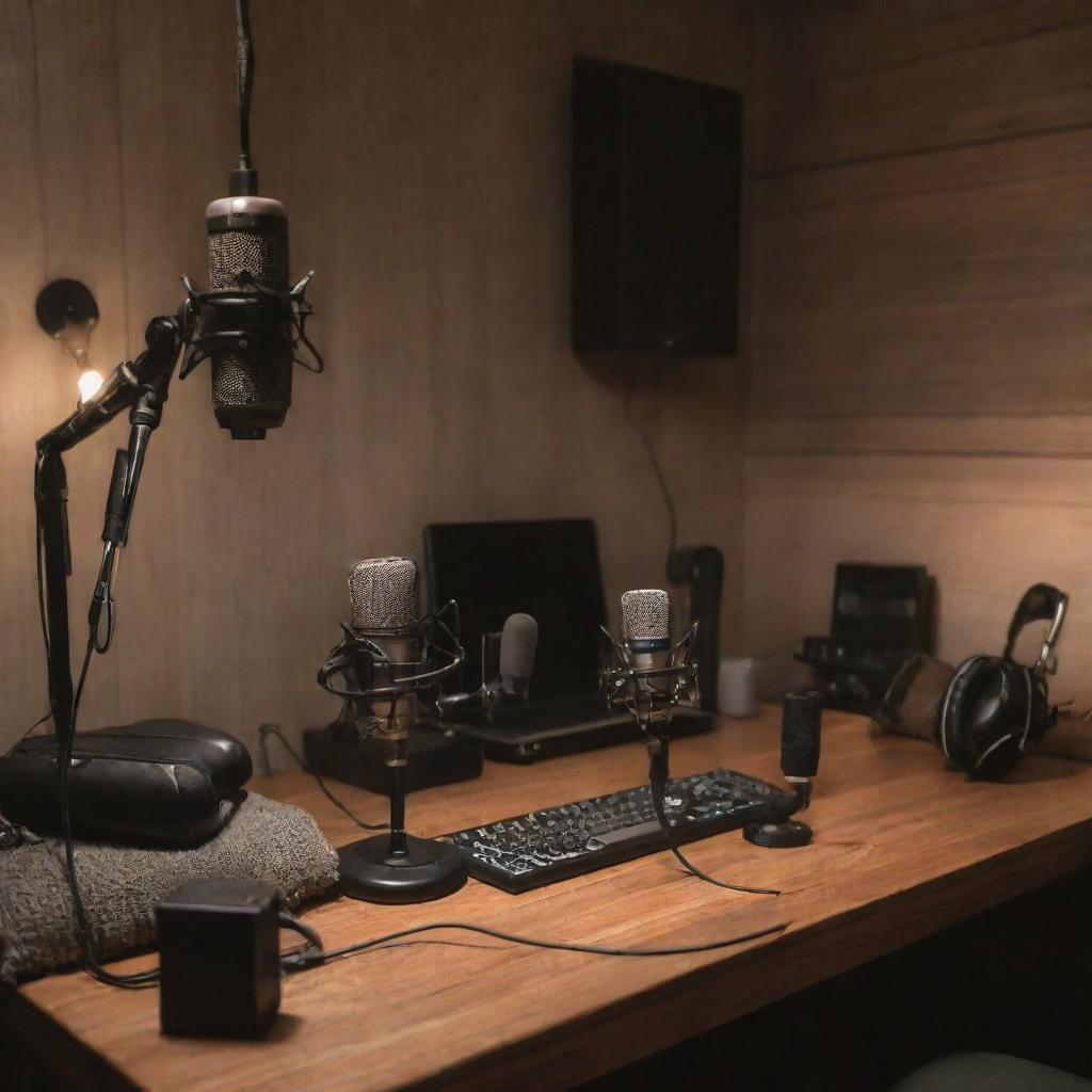 A podcast recording setup with high-quality microphones, headphones, sound mixer, and a cozy environment with dimmed lights, vintage decor, and a wooden desk.