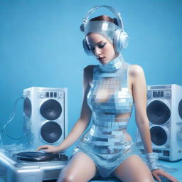 A sexy woman wearing an ice blue and metallic erotic dress, assembled from plastic pieces