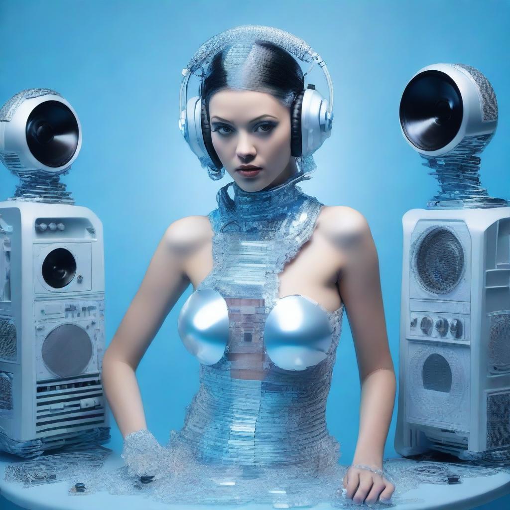 A sexy woman wearing an ice blue and metallic erotic dress, assembled from plastic pieces