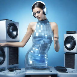 A photorealistic image of a sexy woman wearing an ice blue and metallic sexy dress, assembled from plastic pieces