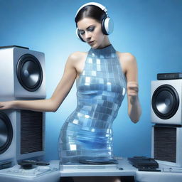 A photorealistic image of a sexy woman wearing an ice blue and metallic sexy dress, assembled from plastic pieces