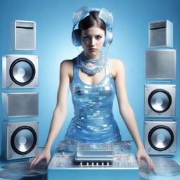 A photorealistic image of a sexy woman wearing an ice blue and metallic sexy dress, assembled from plastic pieces