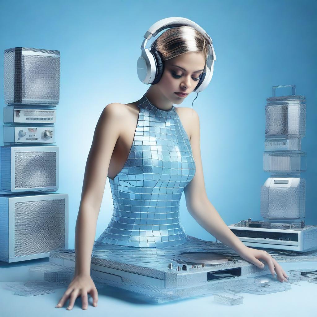 A photorealistic image of a sexy woman wearing an ice blue and metallic sexy dress, assembled from plastic pieces