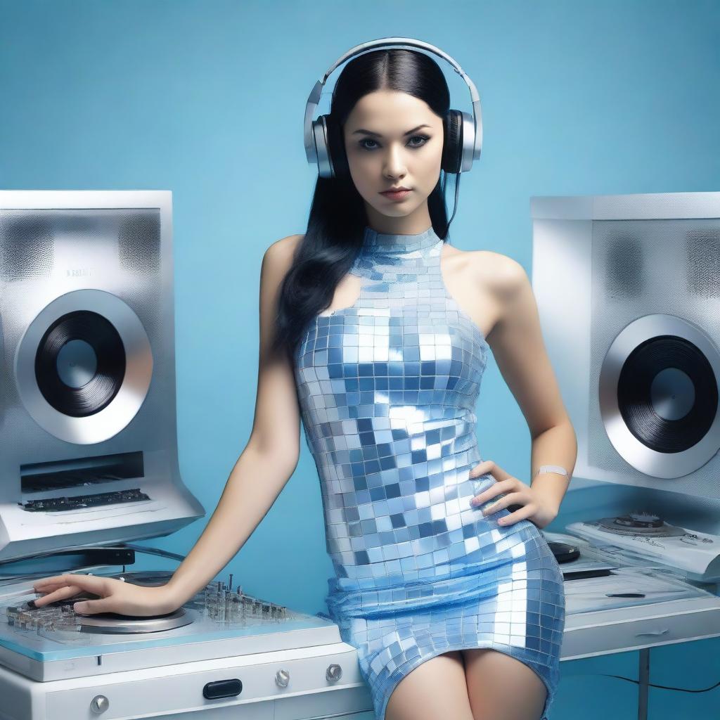 A photorealistic image of a sexy woman wearing an ice blue and metallic sexy dress, assembled from plastic pieces