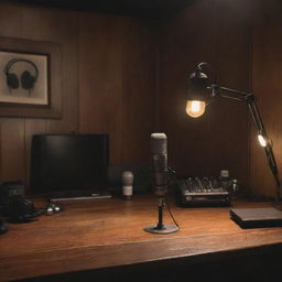 A podcast recording setup with high-quality microphones, headphones, sound mixer, and a cozy environment with dimmed lights, vintage decor, and a wooden desk.