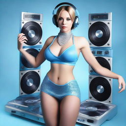 A photorealistic image of a sexy woman with big breasts, wearing a g-string and an ice blue and metallic sexy dress, assembled from plastic pieces