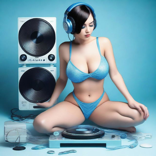 A photorealistic image of a sexy woman with big breasts, wearing a g-string and an ice blue and metallic sexy dress, assembled from plastic pieces