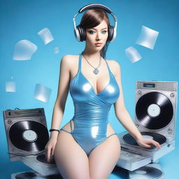 A photorealistic image of a sexy woman with big breasts, wearing a g-string and an ice blue and metallic sexy dress, assembled from plastic pieces