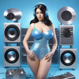 A photorealistic image of a sexy woman with big breasts, wearing a g-string and an ice blue and metallic sexy dress, assembled from plastic pieces