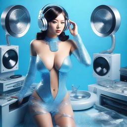 A photorealistic image of a sexy woman with big breasts, wearing a thong and an ice blue and metallic sexy dress, assembled from plastic pieces