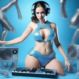 A photorealistic image of a sexy woman with big breasts, wearing a thong and an ice blue and metallic sexy dress, assembled from plastic pieces