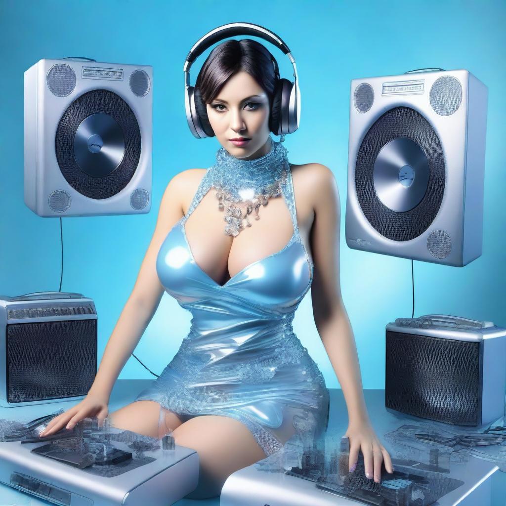 A photorealistic image of a sexy woman with big breasts, wearing a thong and an ice blue and metallic sexy dress, assembled from plastic pieces